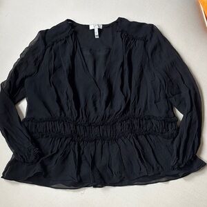 Joie Black V-Neck Smocked Waist Long Sleeve Blouse
